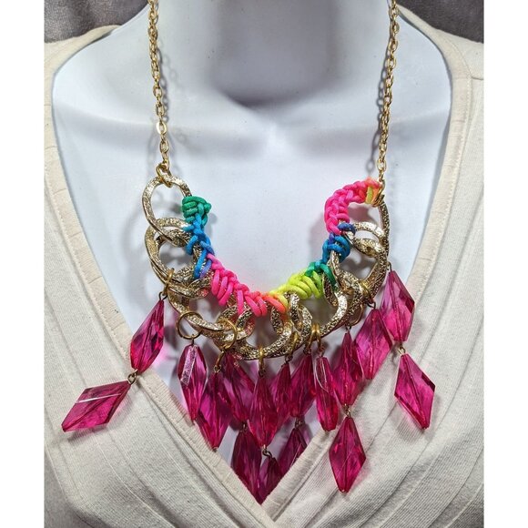 Neon Rainbow Glam Gem Fringe Statement Necklace - Picture 2 of 7